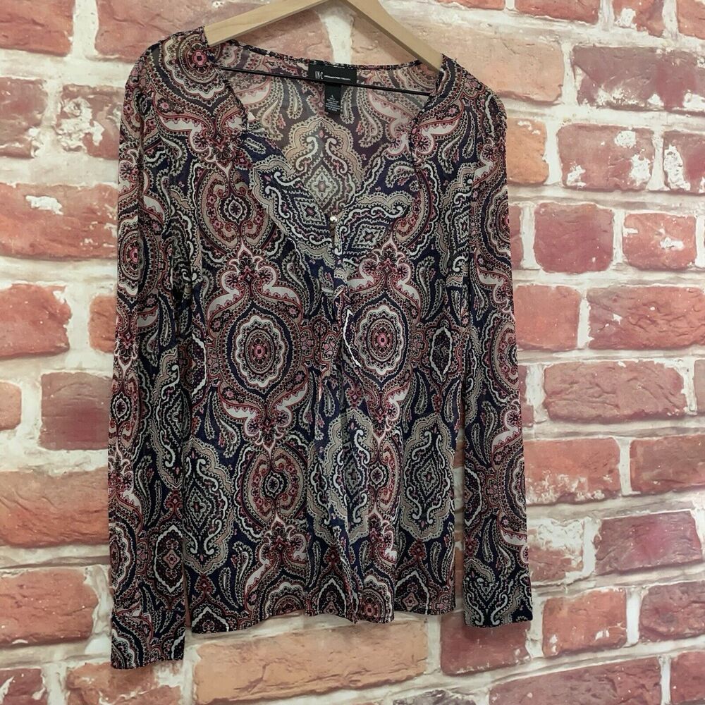 INC Top Shirt Women's Large Multicolor Boho Abstract Sheer Ruffle Button Front - Picture 2 of 8